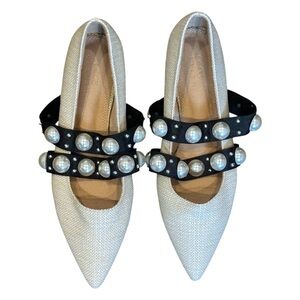 ASOS Design Livia Faux Pearl Studded Pointed Mary Jane Flats Natural Raffia 9US